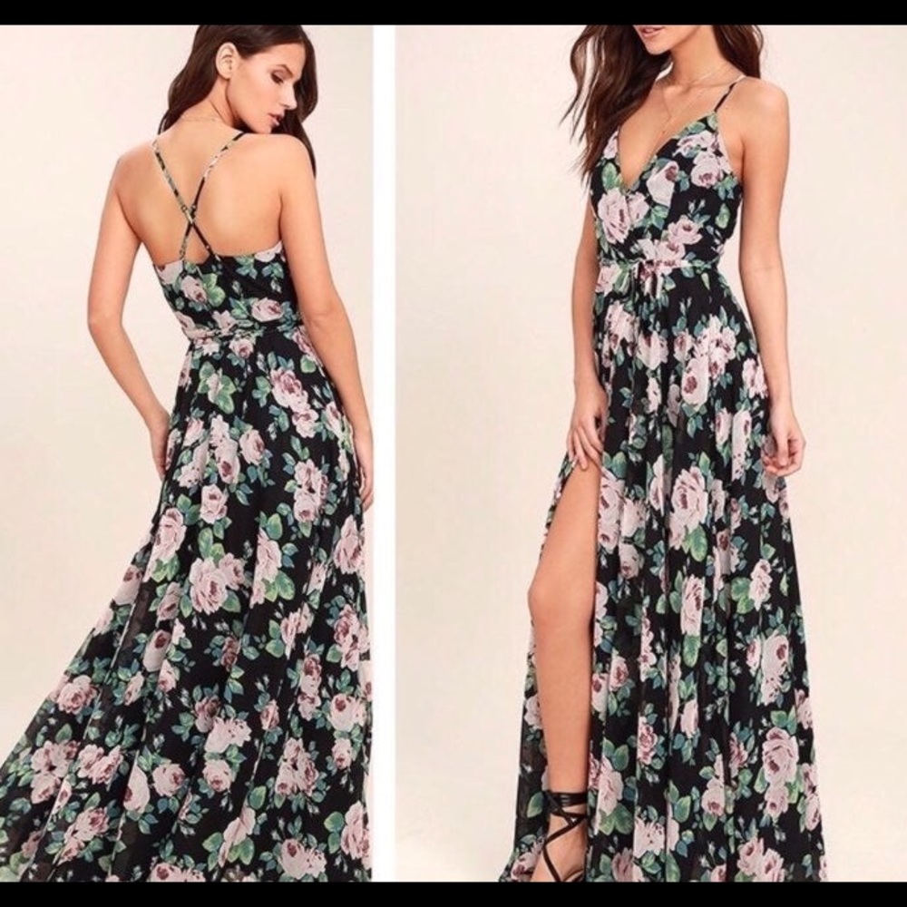 NWT - LULUS - Black w/ Floral Maxi Wrap Dress - M
